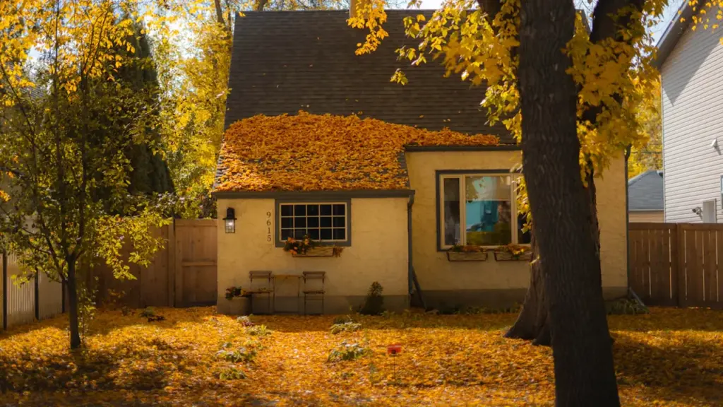 A house surrounded by fallen autumn leaves on the ground during the season.