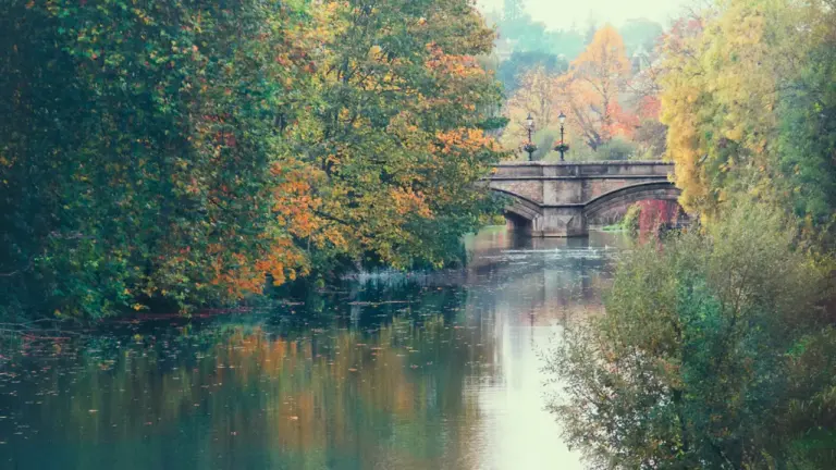 A stone bridge over a river surrounded by lush trees in autumn in England.