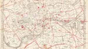 Vintage 1878 Waltham Brothers pocket map showing London railways and historic landmarks.