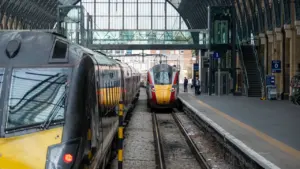 LNER Azuma train leaving King's Cross station in central London, UK.